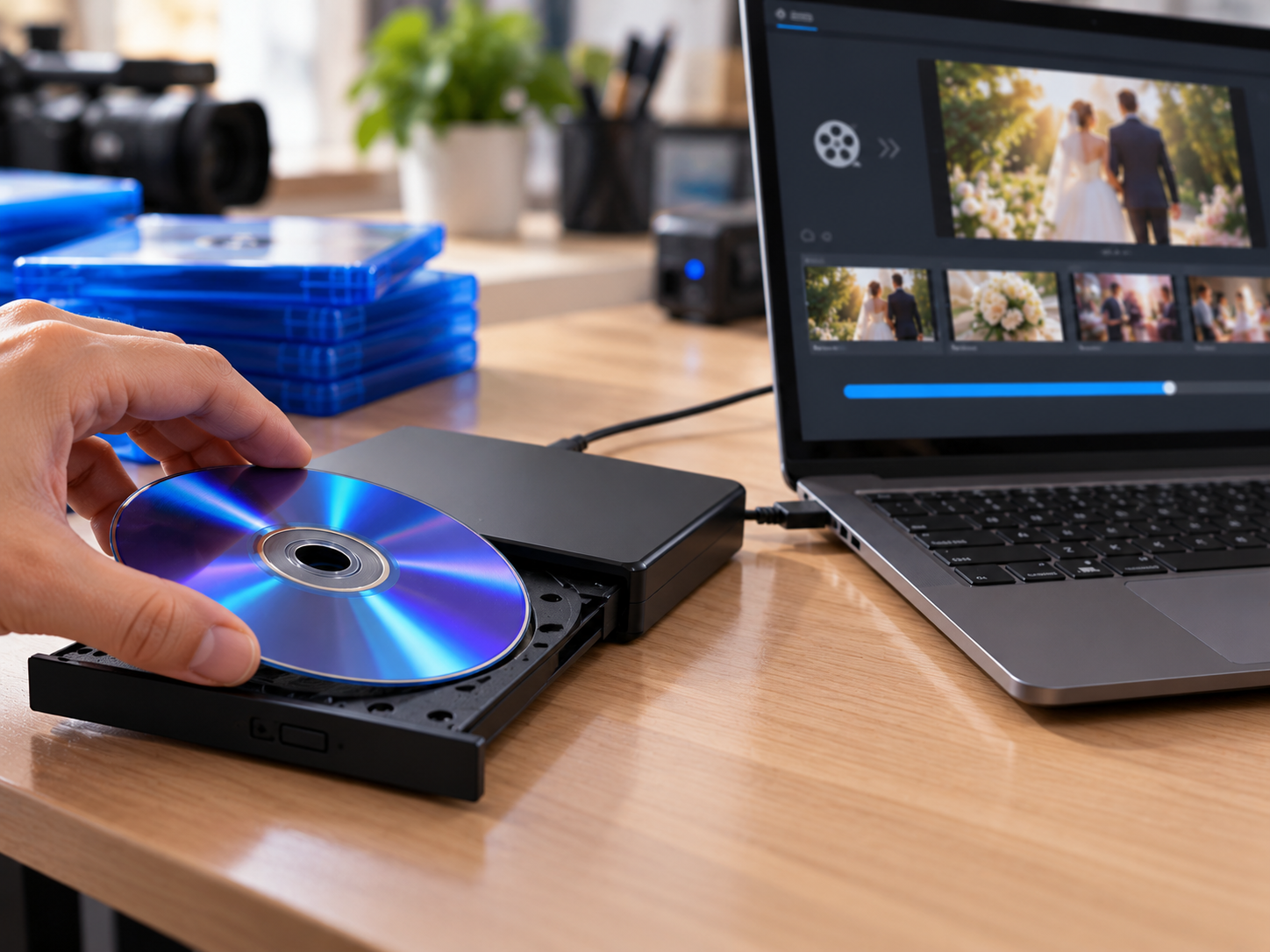 Disco Blu-ray sendo lido em drive conectado ao computador para conversão em MP4
