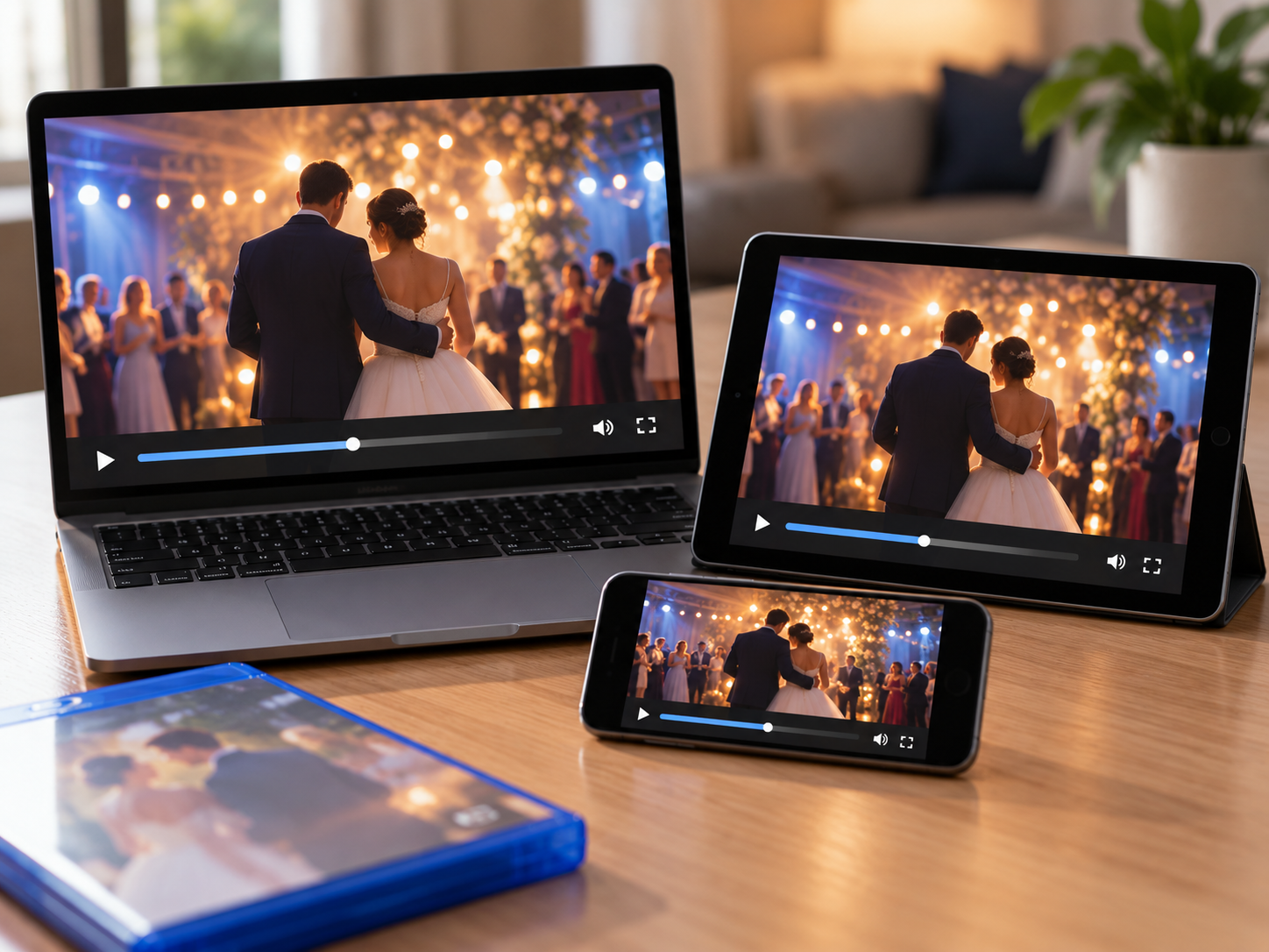 Vídeo convertido de Blu-ray para MP4 sendo assistido no notebook, no tablet e no celular