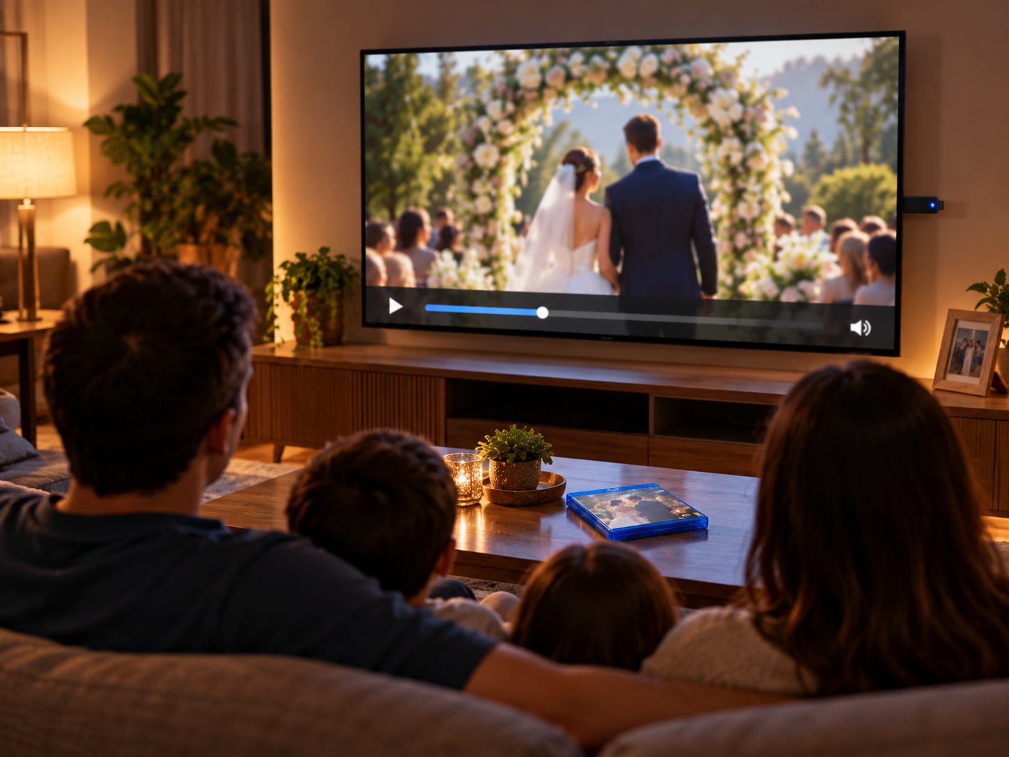 Família assistindo vídeo de casamento em MP4 na Smart TV a partir de um pendrive