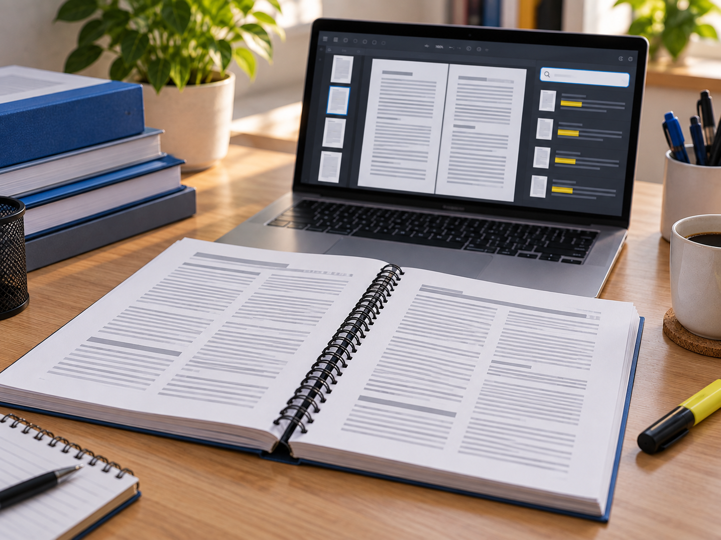 Livro reencadernado em espiral ao lado do PDF pesquisável exibido no computador
