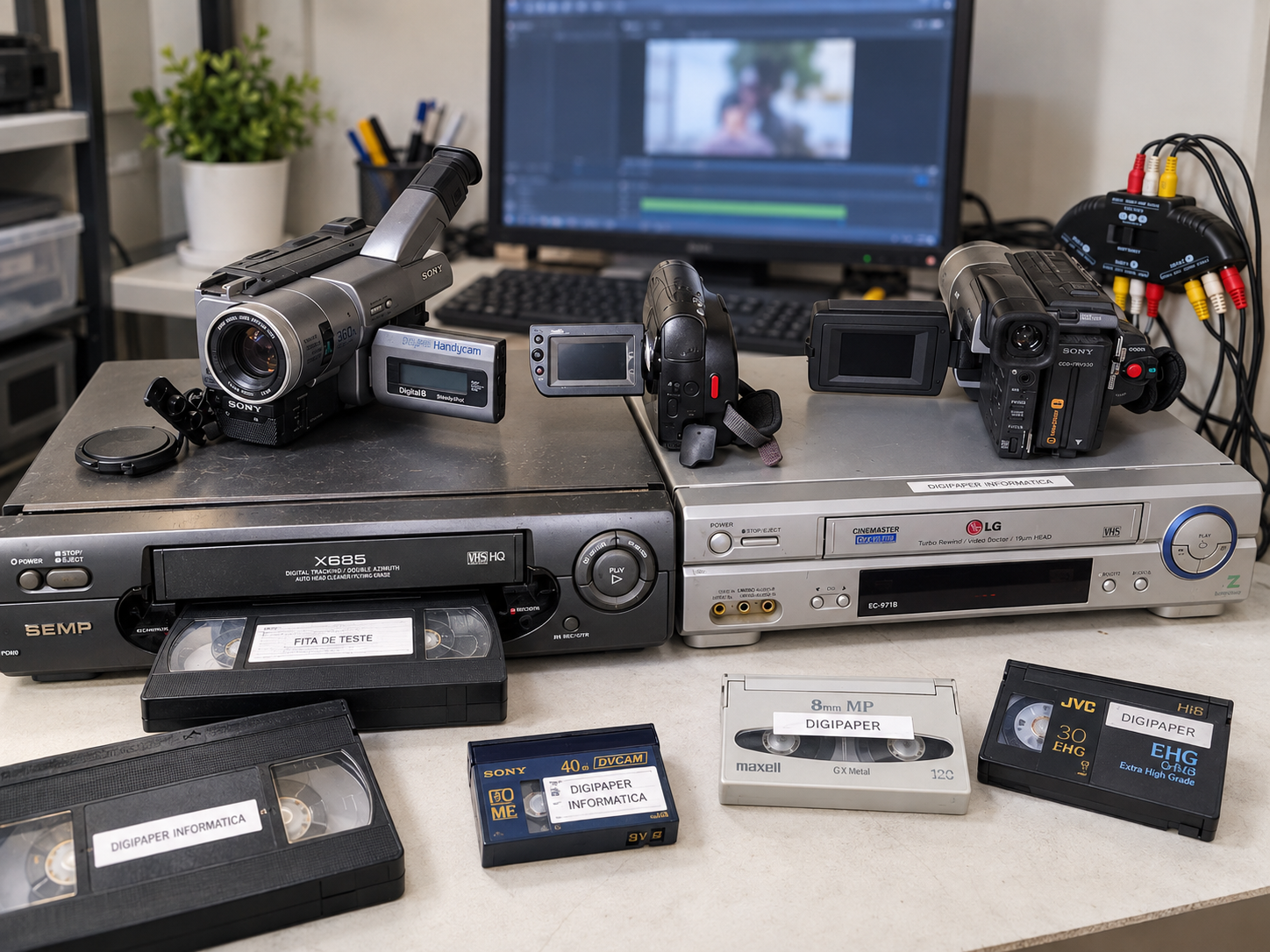 Videocassete e filmadora usados na digitalização de fitas