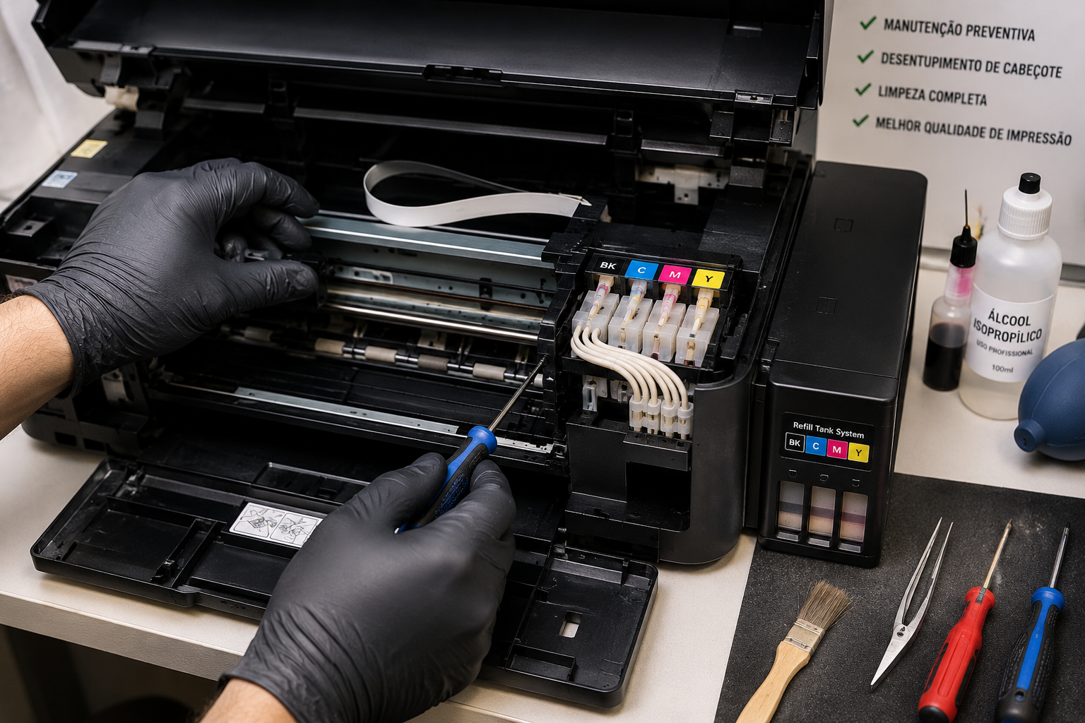 Impressora jato de tinta aberta para manutenção