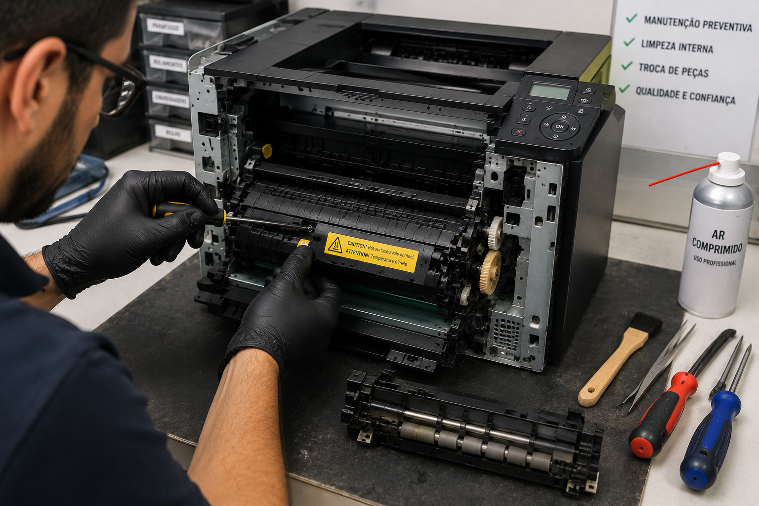 Técnico realizando manutenção em impressora laser