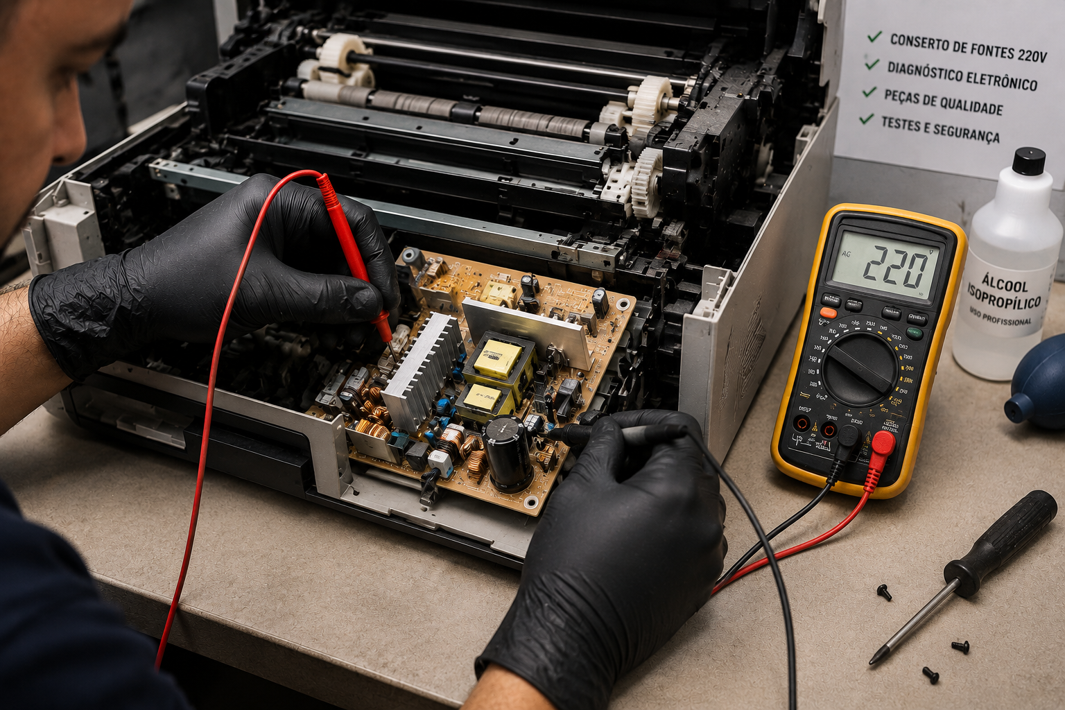 Técnico consertando fonte de impressora laser